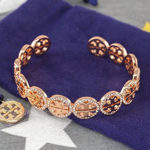 NEW Tory Burch Miller Pave Repeating Logo Cuff Bracelet Bangle in Rose Gold - Picture 1 of 5